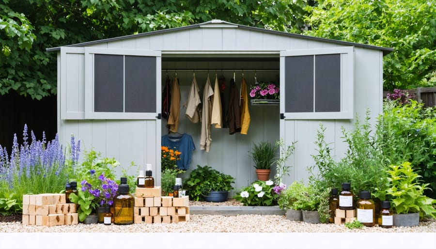 A well-maintained storage shed with fortified entry points and an array of natural pest deterrents displayed in front, highlighting effective pest management practices.