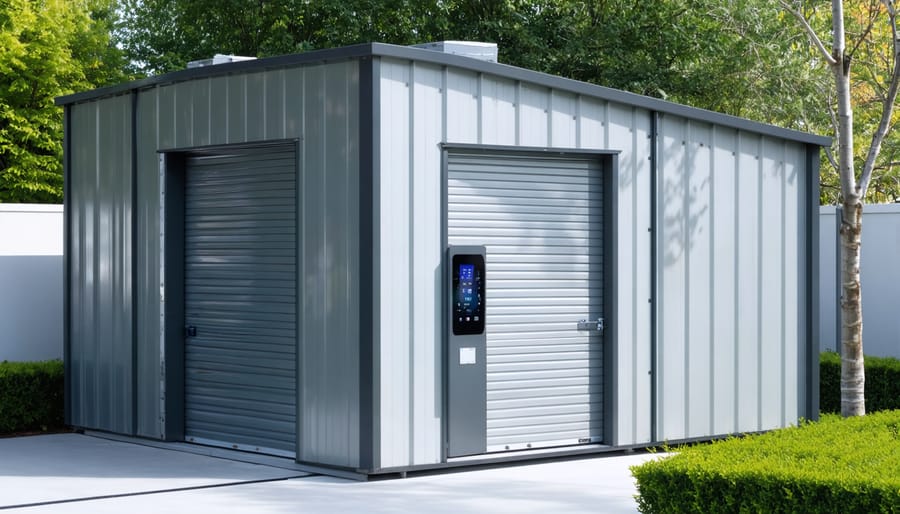 "A modern storage shed displaying smart technology integration, with a visible technology panel at the entrance, illuminated by soft daylight."
