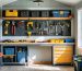 "Interior of an 8x10 shed with organized tool pegboards, a workbench, and shelves illustrating a smart storage command center."