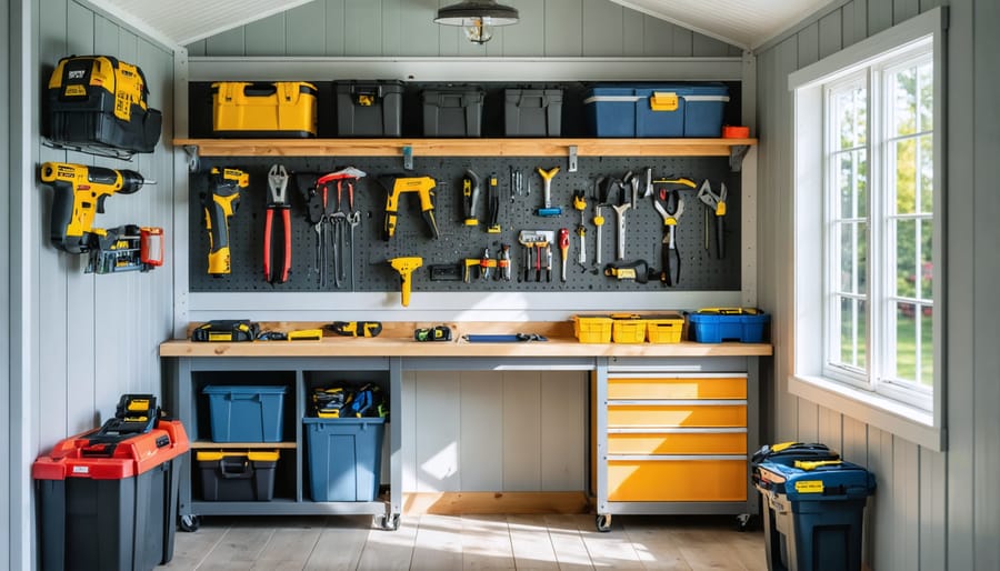 "Interior of an 8x10 shed with organized tool pegboards, a workbench, and shelves illustrating a smart storage command center."