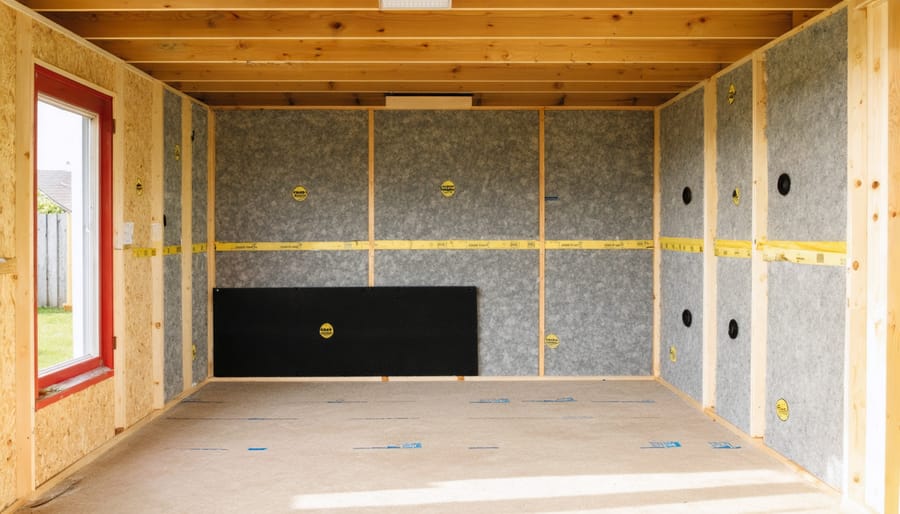 Interior of a backyard shed during soundproofing, with mineral wool insulation and mass-loaded vinyl exposed on one wall, double drywall and a few acoustic panels on another, and a person installing weatherstripping on the door while daylight reveals a garden outside.