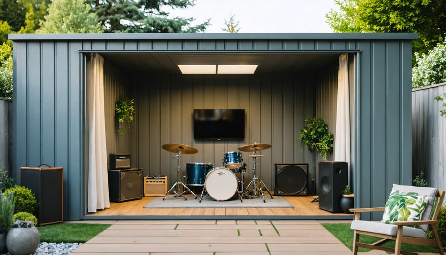 Interior of soundproofed shed converted into home music studio with musician