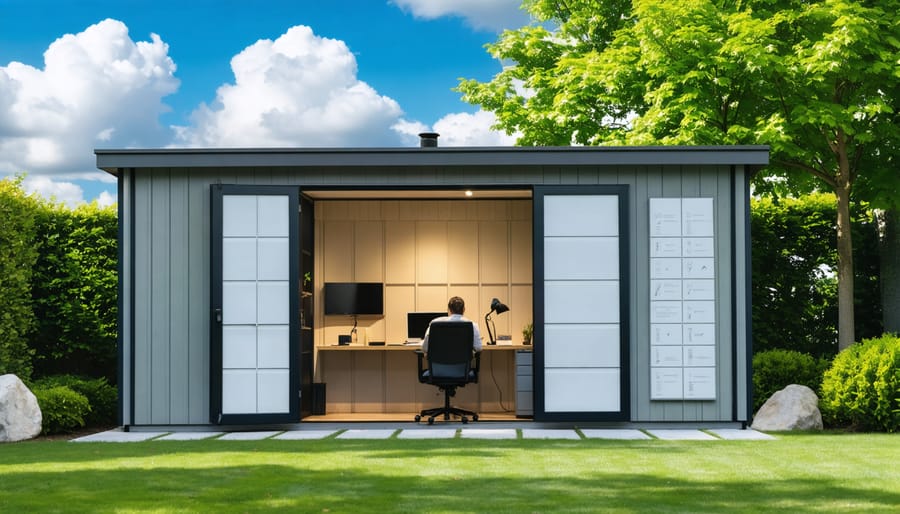 A serene backyard scene with a soundproofed shed converted into a peaceful workspace. Visible soundproofing features and a person working inside, surrounded by lush greenery and a clear sky.