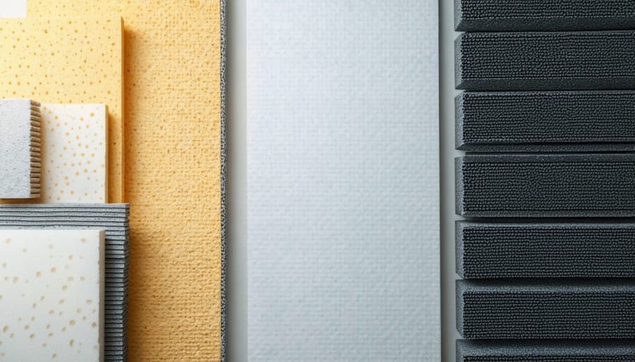 Various soundproofing materials and supplies displayed on a workbench