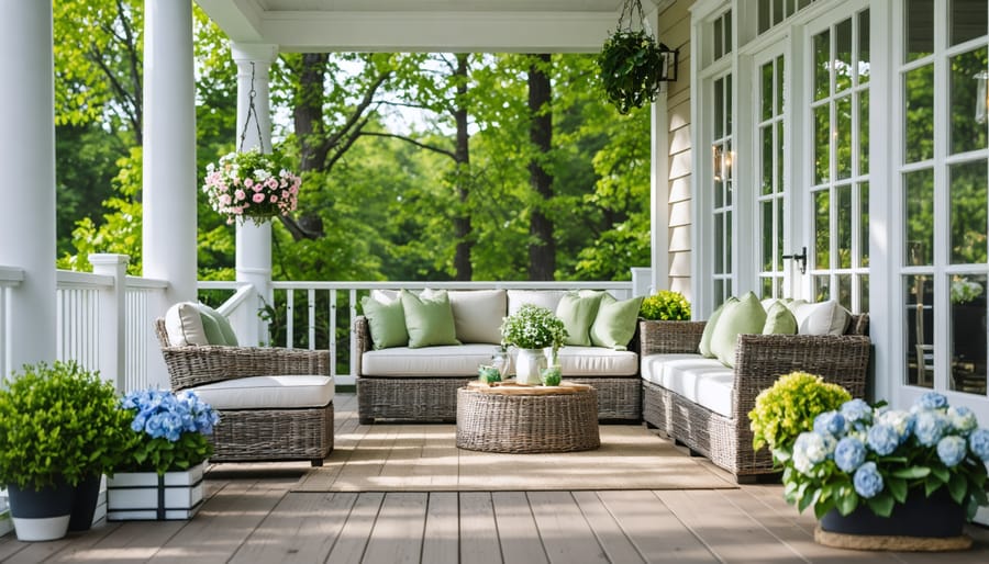 Bright three-season porch with white wicker furniture, plants, and spring decor