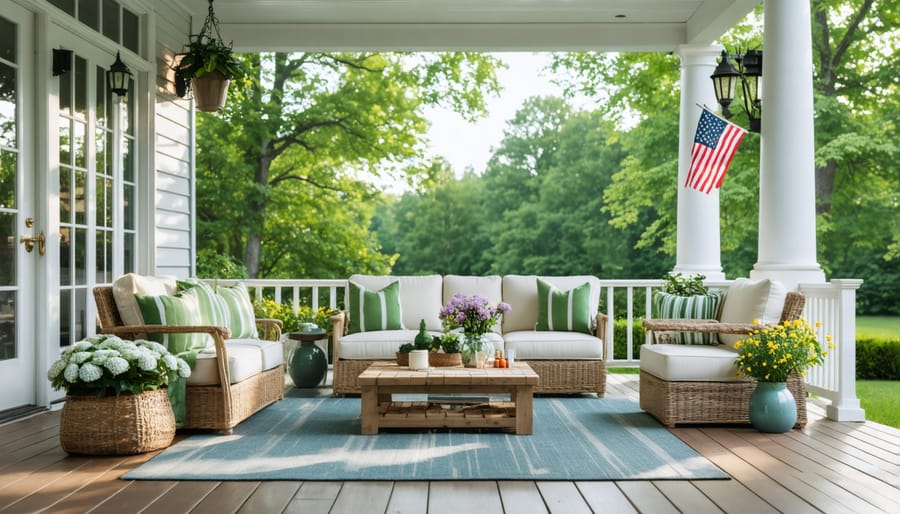 Summer-styled screened porch with comfortable seating and cooling features
