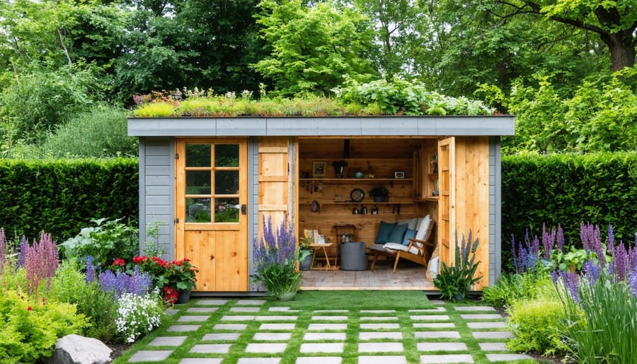 Modern garden shed built with reclaimed wood and featuring a living green roof