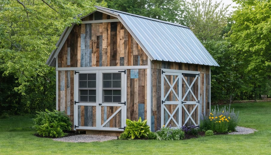 Eco-friendly garden shed featuring weathered reclaimed wood siding and recycled metal roof panels
