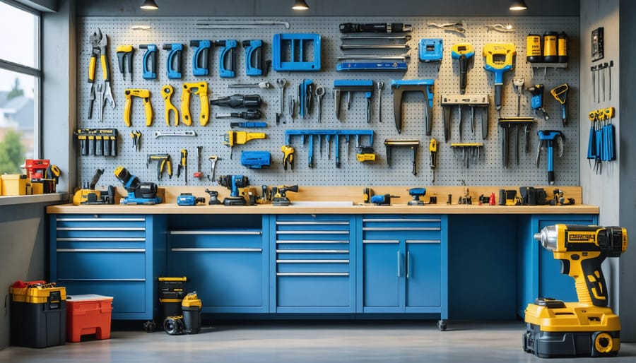 Organized tool maintenance area with cleaning supplies and maintenance equipment