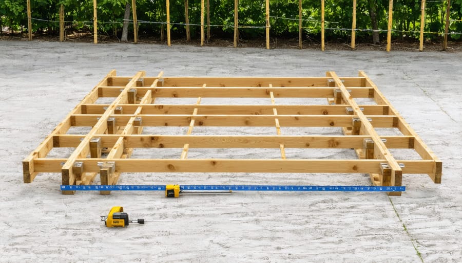 Sequential photos demonstrating the process of assembling a shed roof truss