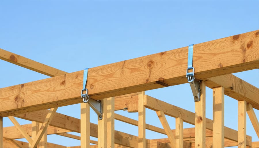 Close-up view of correctly installed roof truss connection hardware and support beams