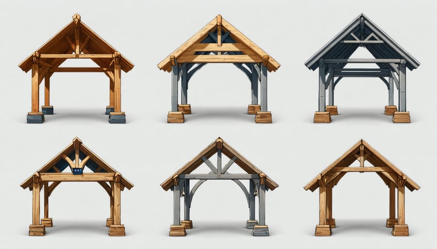 A conceptual illustration of various shed roof truss designs, including Fink, Gambrel, Scissor, and Gable trusses, with detailed labels for each component.
