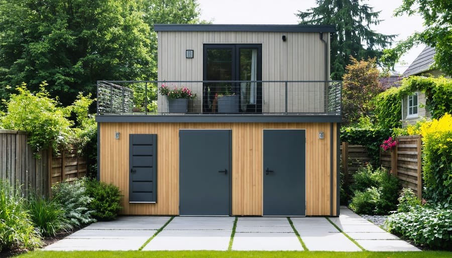 "A modern two-story storage shed in a beautifully landscaped backyard, emphasizing its dual functionality and aesthetic appeal."