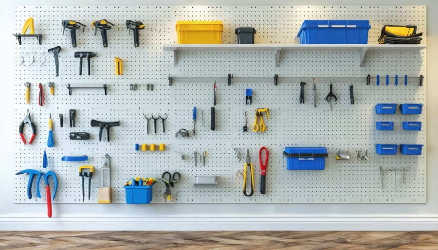 Wall-mounted storage system featuring various tools and equipment neatly arranged