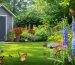 A lively backyard garden showcasing native flowering plants with bees and butterflies pollinating, set against a harmonious backdrop of a garden shed, illustrating pollinator-friendly landscaping.