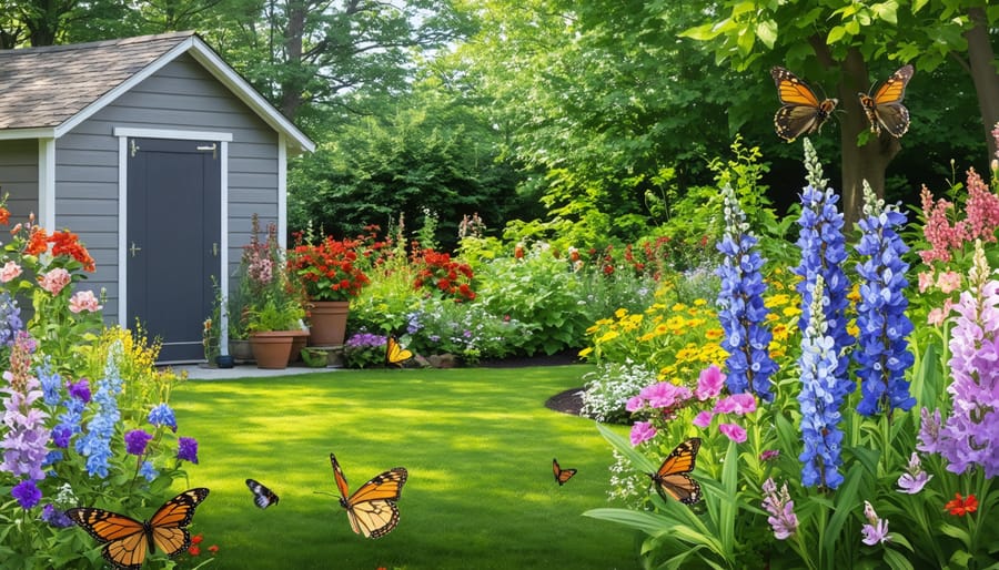 A lively backyard garden showcasing native flowering plants with bees and butterflies pollinating, set against a harmonious backdrop of a garden shed, illustrating pollinator-friendly landscaping.