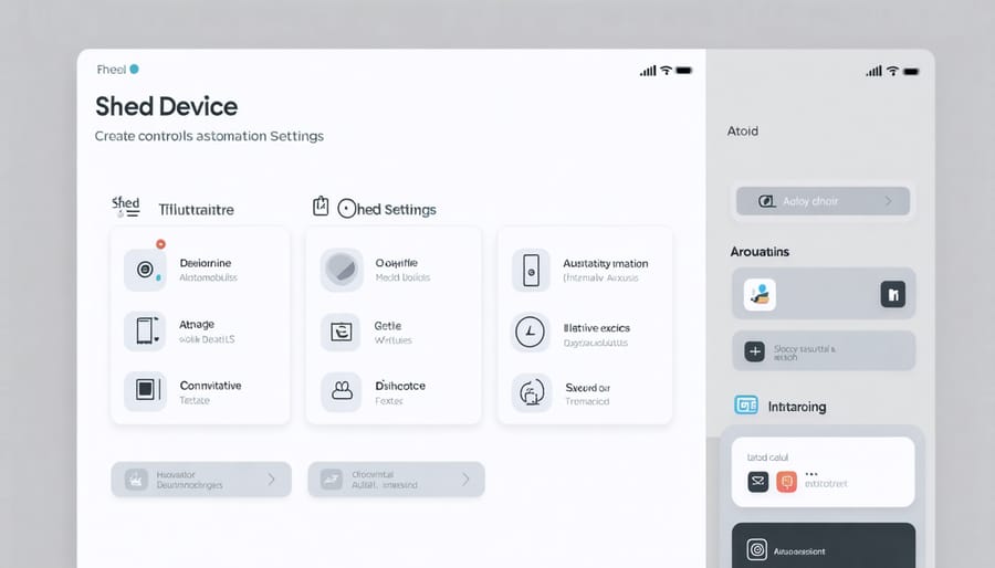 Mobile app interface displaying smart shed control panel and automation options