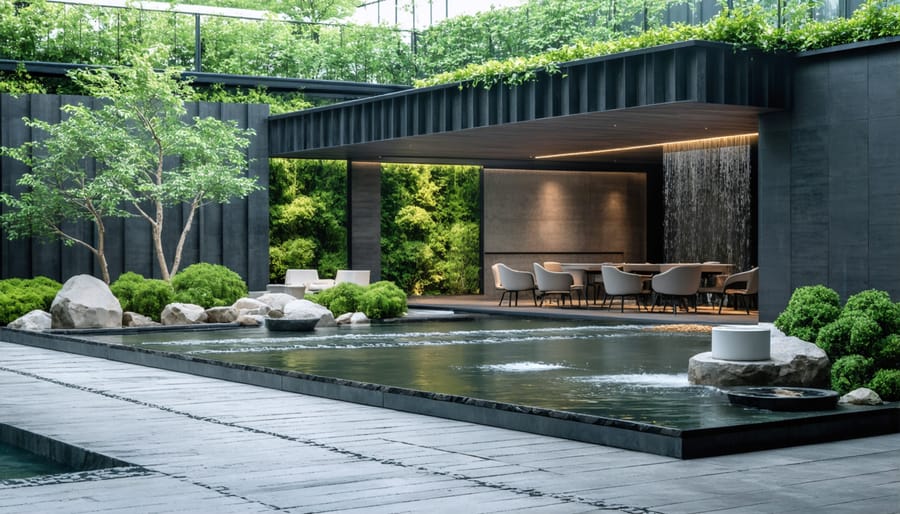Modern stone water wall with cascading water in outdoor workspace setting