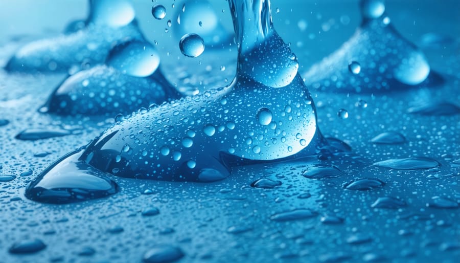 Extreme close-up of water droplets beading on smooth 3D printed surface