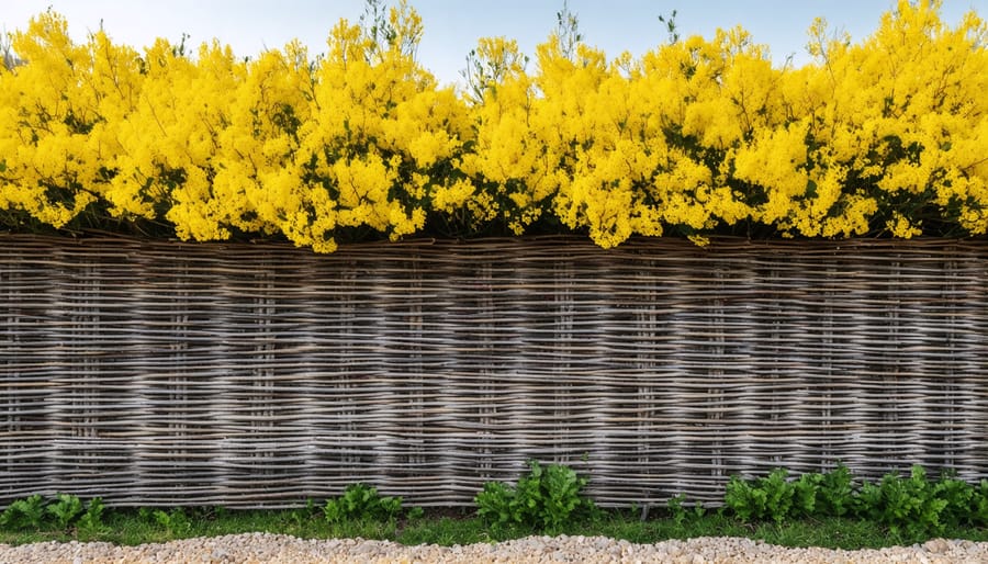 Handwoven garden fence made from natural branches in traditional wattle style