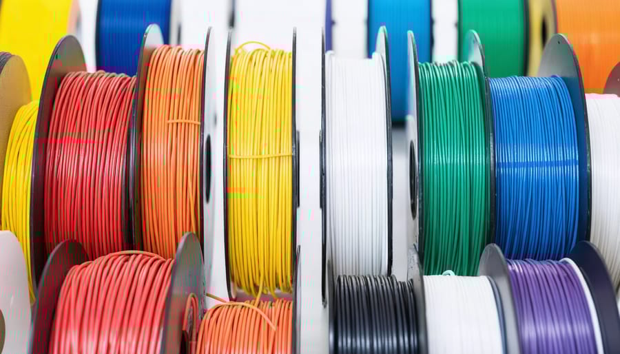 "Close-up of 3D printer filament spools in ASA, PETG, and UV-resistant PLA, photographed on a white background."