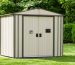"Robust weather-resistant storage shed with modern electrical outlets in a lush green backyard."