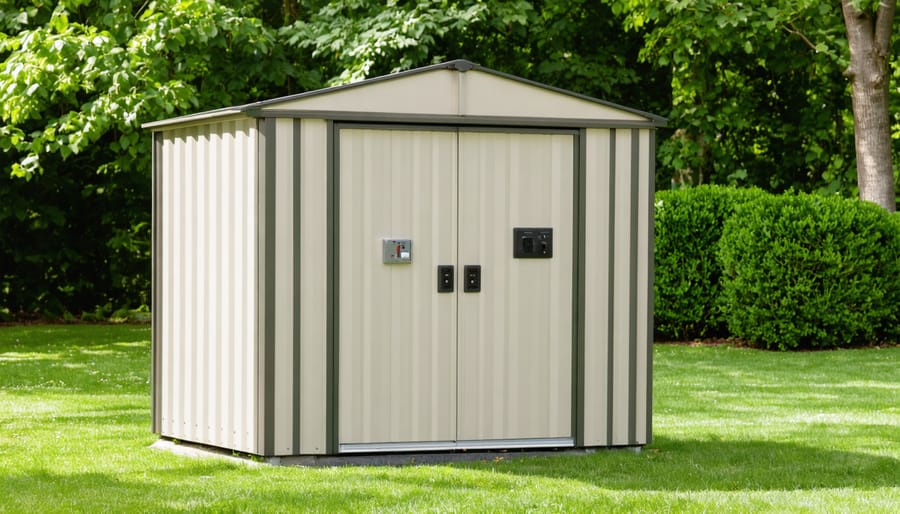 "Robust weather-resistant storage shed with modern electrical outlets in a lush green backyard."