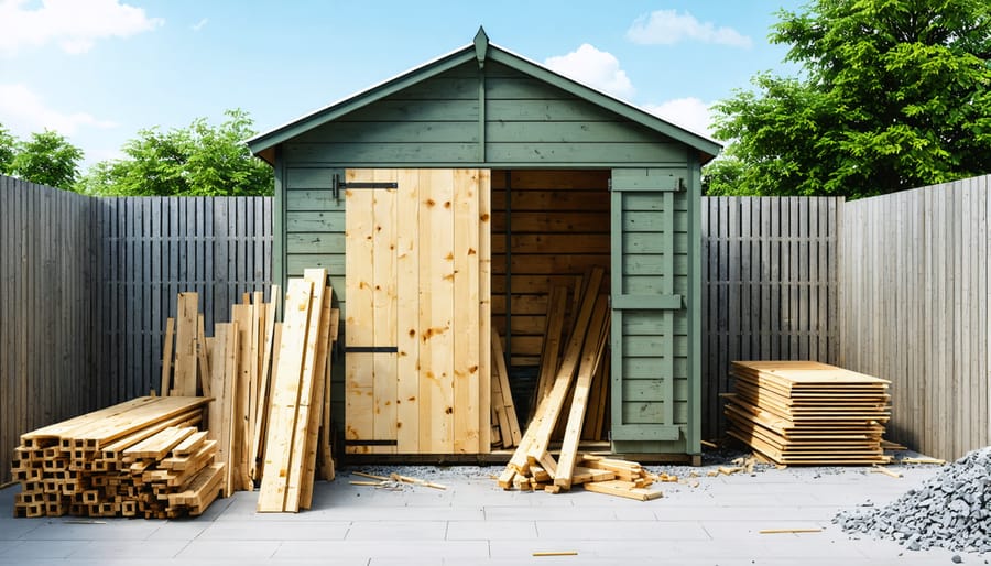 A partially constructed wooden shed utilizing green-tinted pressure-treated 2x4s stacked alongside untreated lumber, set against an outdoor backdrop emphasizing weather resistance.