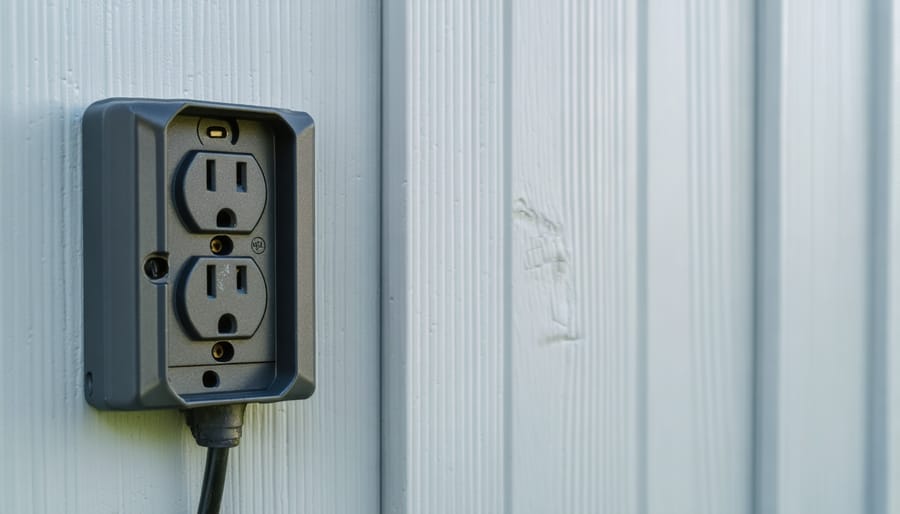 Weatherproof electrical outlet with clear protective cover mounted on vinyl siding