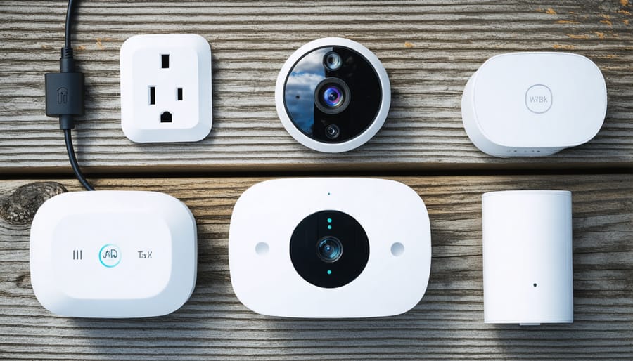 Array of weather-resistant smart home devices suitable for outdoor shed installation
