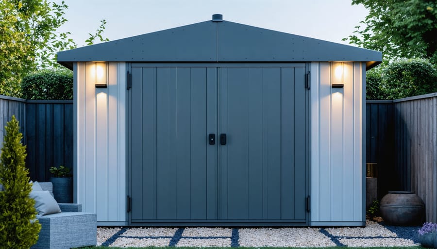 Person controlling shed lighting using smartphone app at dusk