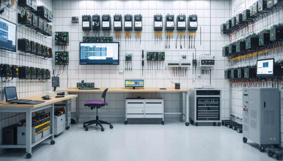 Workshop interior with modular electrical system powering various tools and equipment