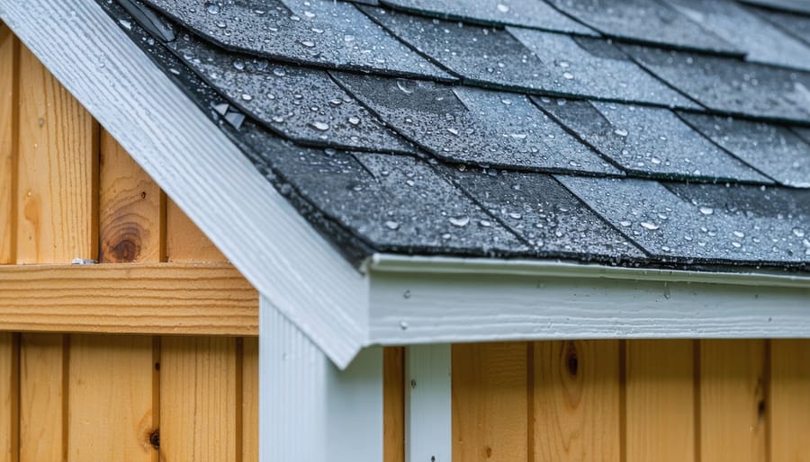 Medium-close angled view of a small 8x10 shed roof with dark asphalt shingles, aluminum drip edge, and a continuous ridge vent, with raindrops on the surface and a softly blurred backyard and fence in the background.