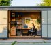 Open-door view of a modern 9x12 backyard shed outfitted as a small business studio with desk, shelving, and client chairs, an entrepreneur working at a laptop, lit by warm golden hour light with a suburban house and garden softly visible behind.