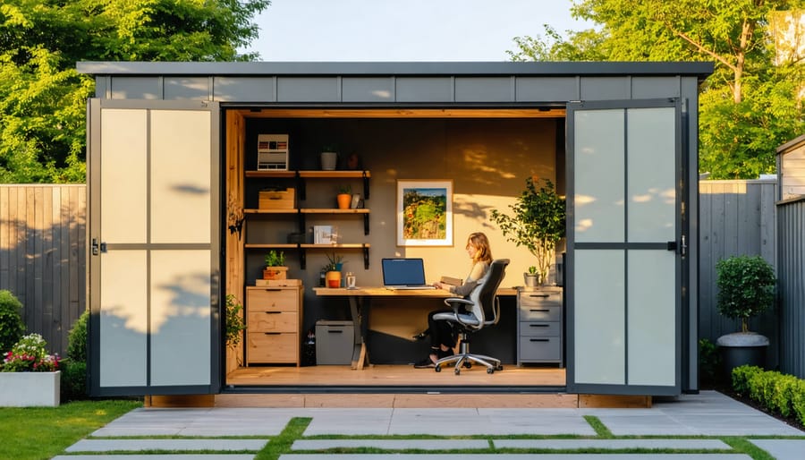 Open-door view of a modern 9x12 backyard shed outfitted as a small business studio with desk, shelving, and client chairs, an entrepreneur working at a laptop, lit by warm golden hour light with a suburban house and garden softly visible behind.
