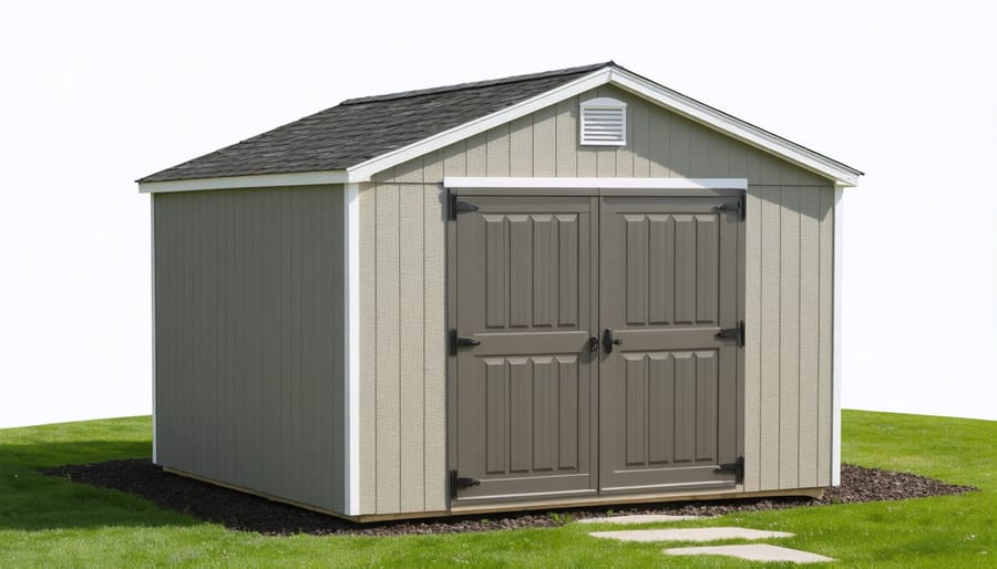 Exterior view of 9x12 wooden shed with double doors in residential backyard