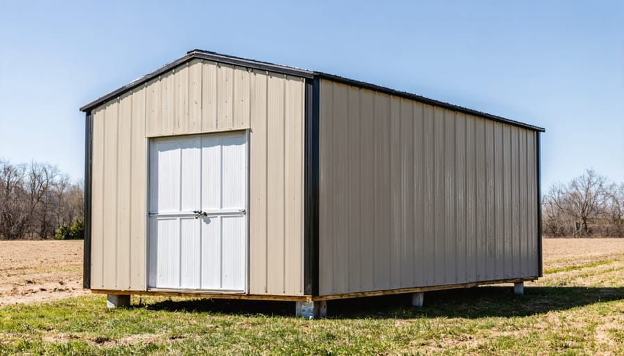 Garden shed supported by adjustable concrete pier block foundation system