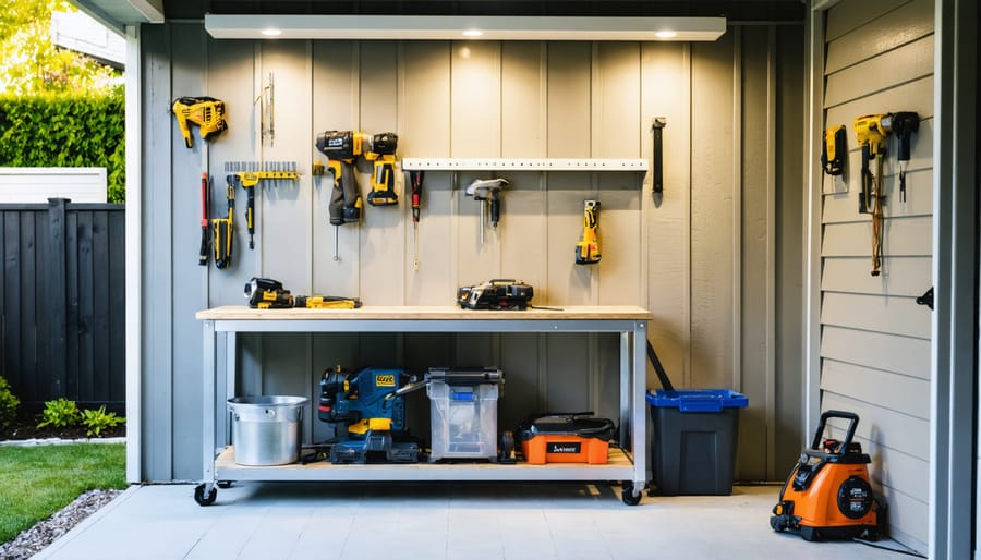 Interior of a modern backyard workshop shed with workbench, table saw, air compressor, visible electrical conduit and evenly spaced outlets, and a homeowner holding a tablet with a 3D layout; natural daylight and warm task lighting illuminate the space.