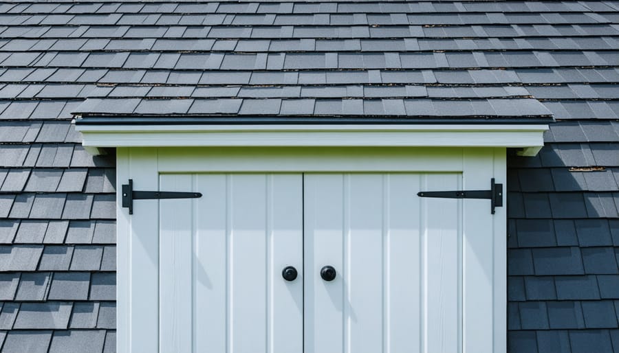 Close-up of person applying waterproof sealant to shed roof flashing