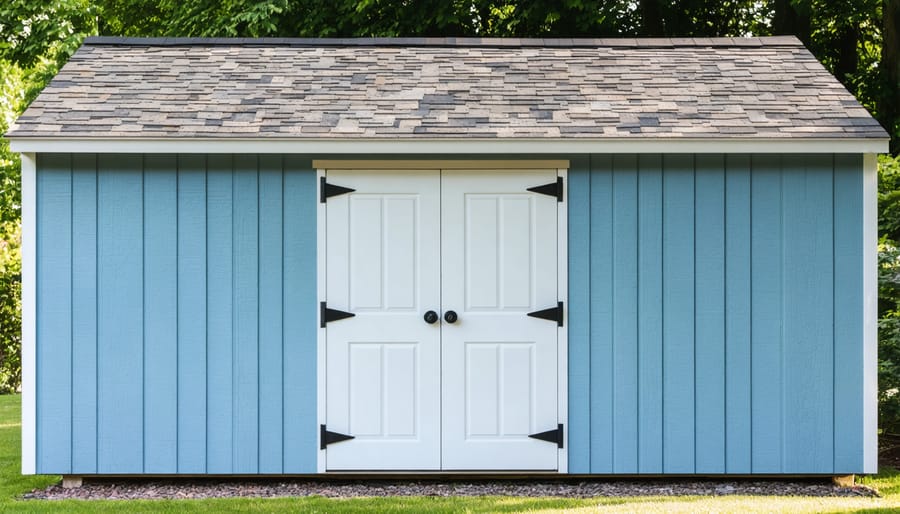 Modern garden shed with attractive white wood panel siding in landscaped backyard