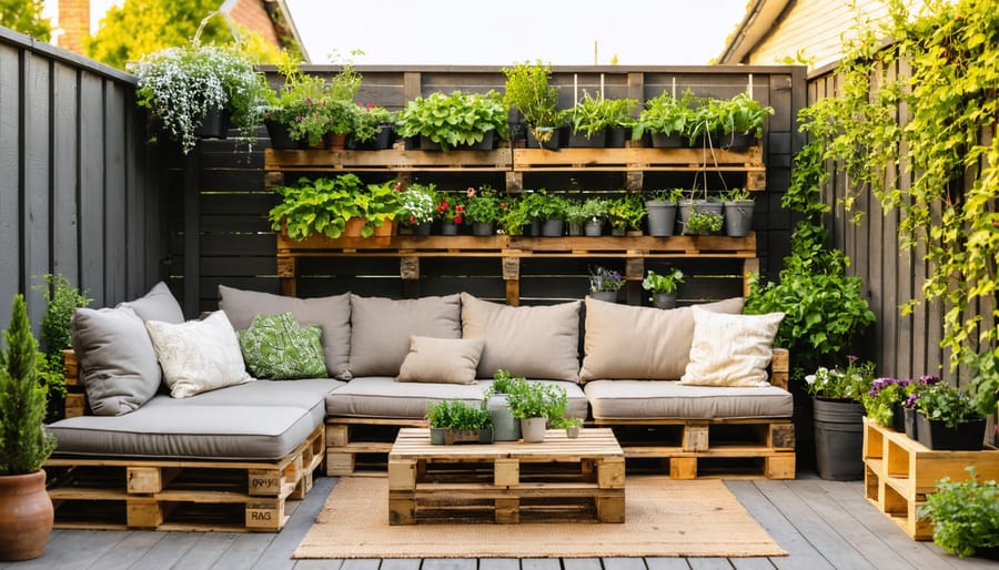 DIY pallet sofa with cushions and a pallet coffee table next to a vertical herb garden on a small backyard patio at golden hour, with fence and spare pallets softly blurred in the background.