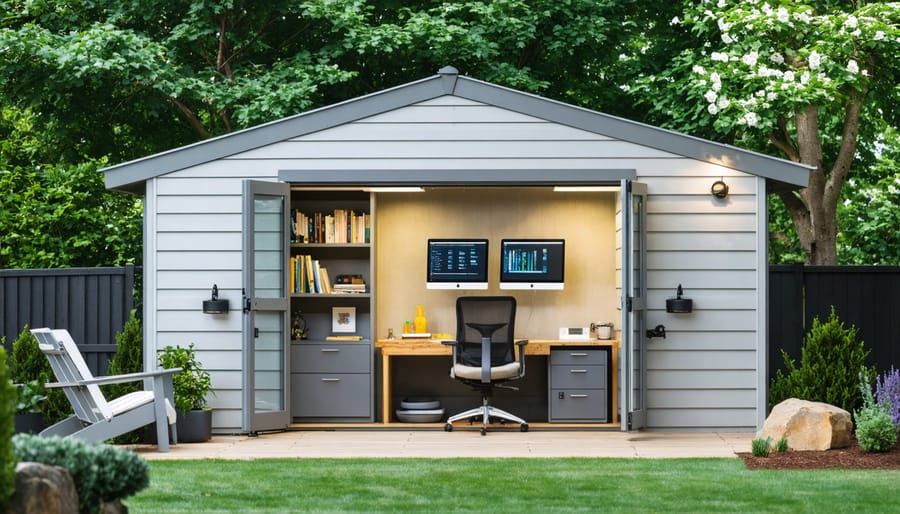Modern backyard shed office with windows showing workspace setup