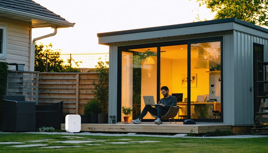 Modern backyard shed office with a person on a laptop, receiving signal from a white outdoor WiFi access point mounted under the house eave across a green lawn at golden hour.