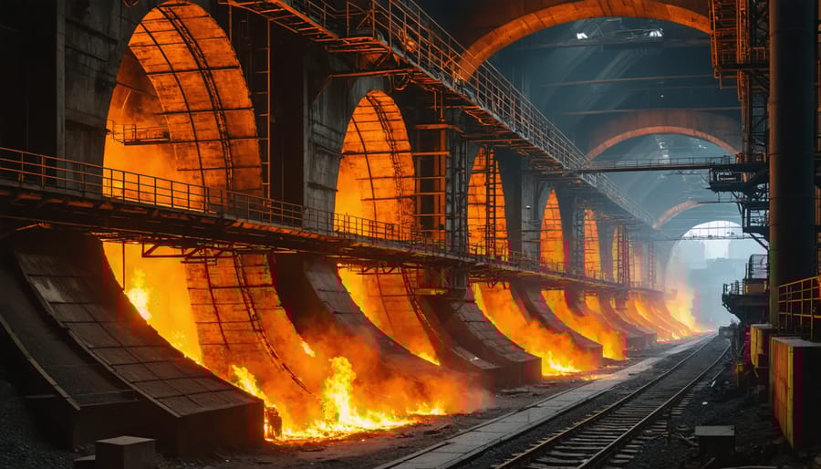 Industrial blast furnace producing molten steel in manufacturing facility