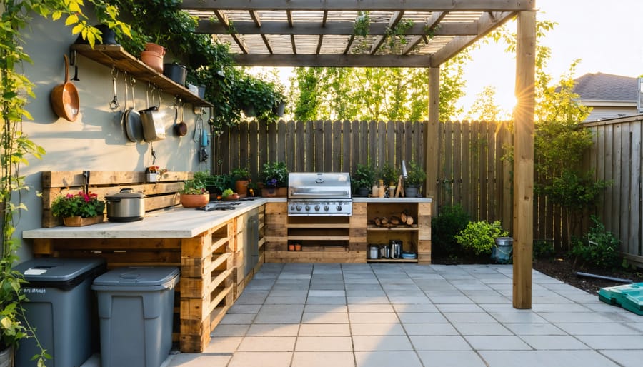 DIY outdoor kitchen on a small patio with a pallet countertop topped by concrete pavers, a charcoal kettle grill, a two-burner camp stove, storage bins underneath, and a simple pergola with bamboo shade at golden hour.