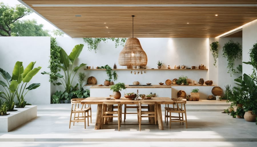 Budget-friendly outdoor dining area with DIY wooden furniture and string lights under pergola