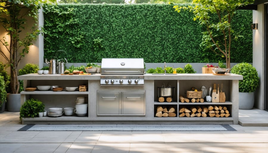 Budget-friendly outdoor kitchen with concrete countertops and portable grill in backyard setting