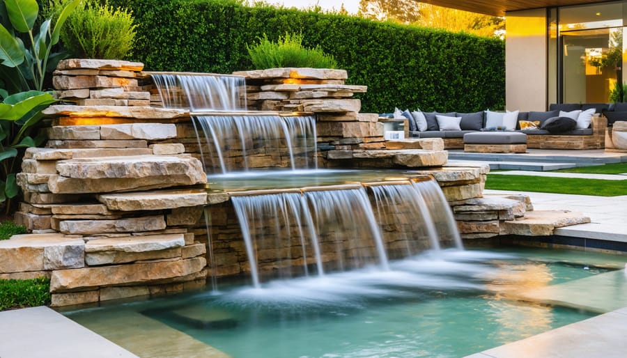 Multi-tiered stacked-stone cascade water feature flowing into small pools in a modern backyard at golden hour, with patio seating and greenery softly blurred in the background.