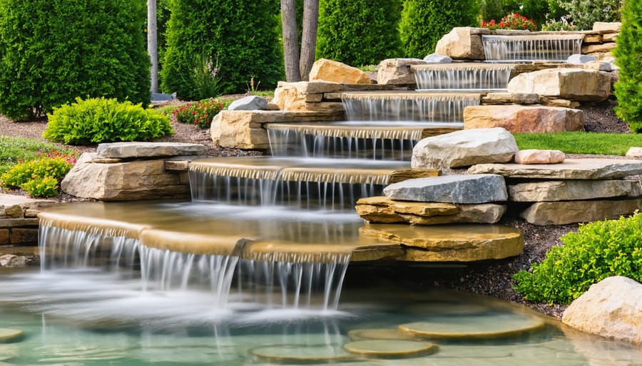Modern cascade water feature with multiple tiers flowing in residential backyard