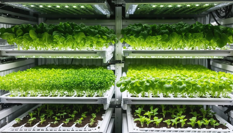 Interior view of NFT hydroponic system with lettuce growing in channels under LED lights with visible water tanks and pumps